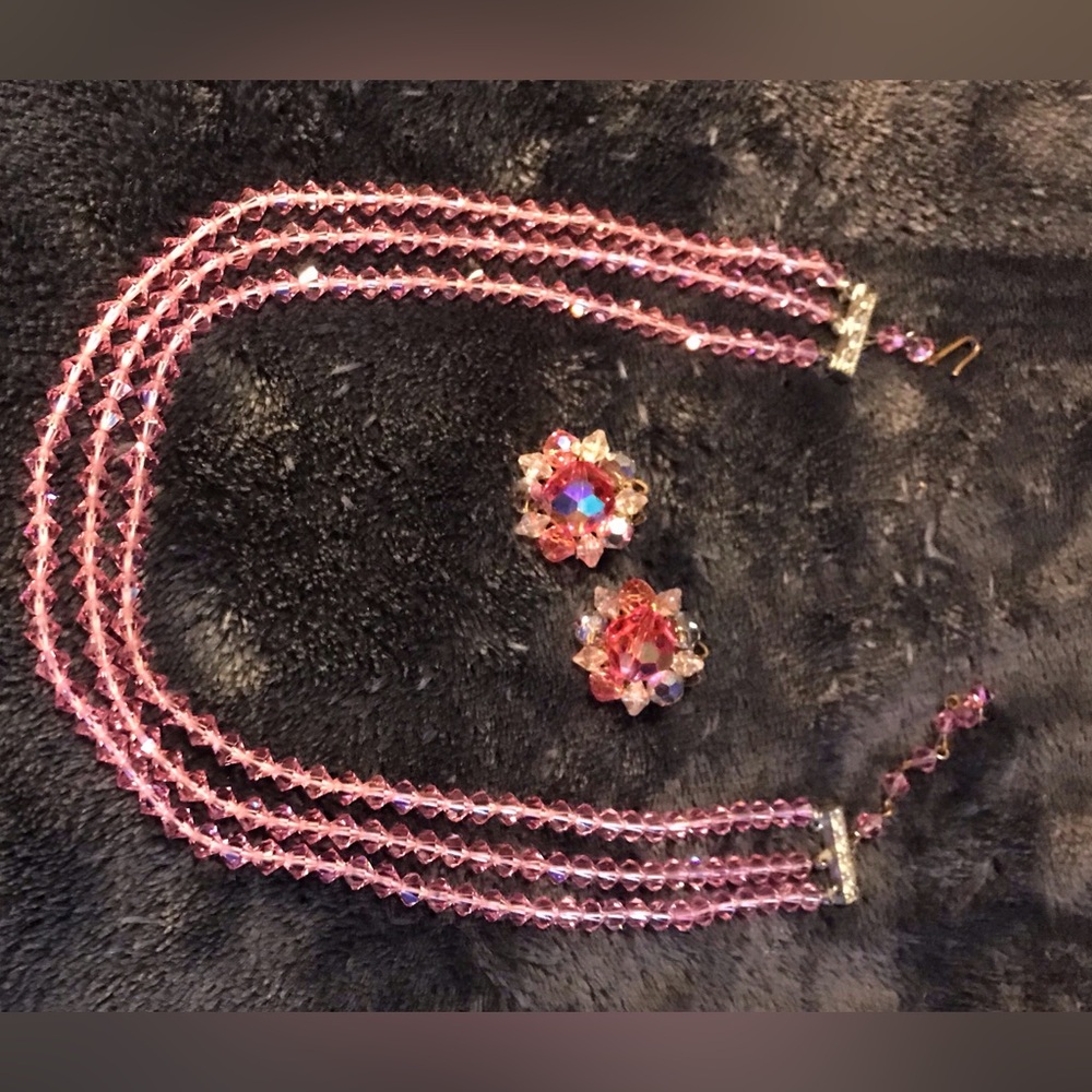 Vintage Pink Crystal Bead earrings and matching Crystal Bead Necklace